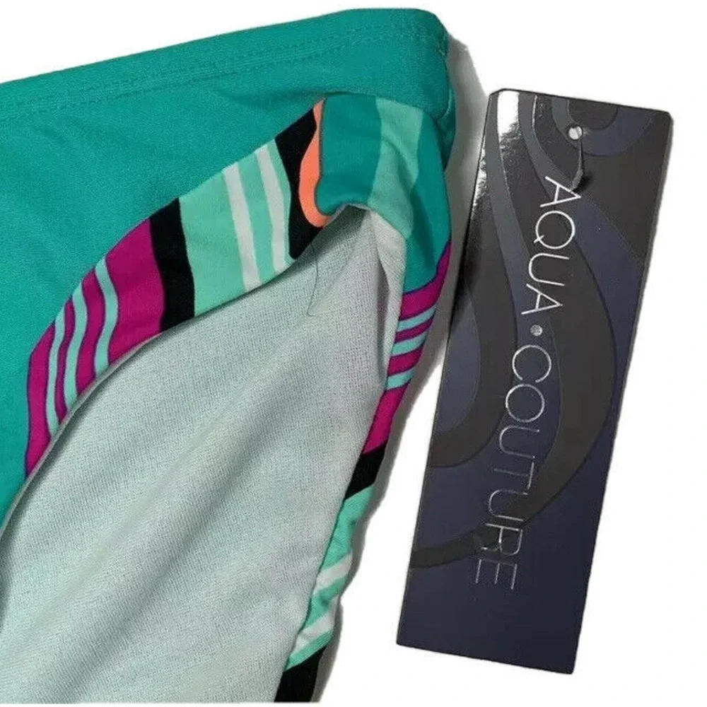 NEW Aqua Couture Turquoise Black Pink Stripe 2 Piece Push Up Bikini Swimsuit S M